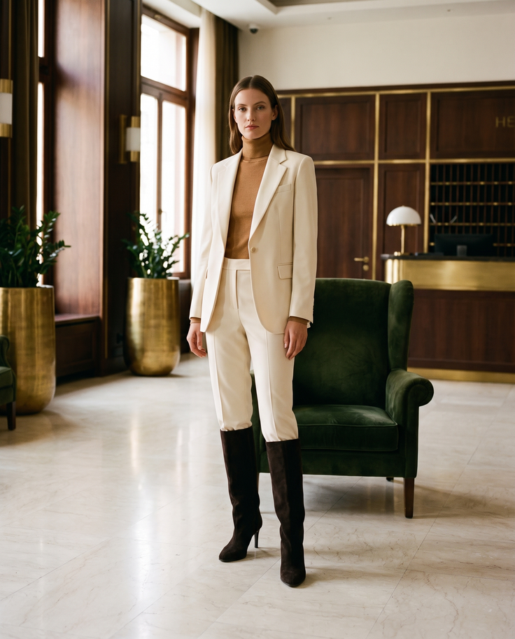 Botte NAWEL marron portée avec un tailleur crème dans un lobby d'hôtel — Stephan x Maison André