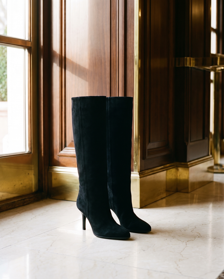 Paire de bottes NAWEL noires posée sur un sol en marbre d'hôtel — Stephan x Maison André