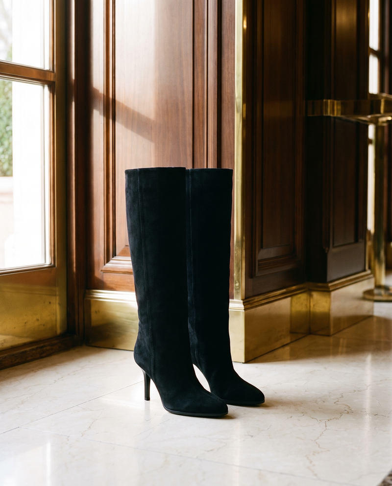 Paire de bottes NAWEL noires posée sur un sol en marbre d'hôtel — Stephan x Maison André