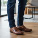 André Newington men's brown leather loafers with a smooth, slightly shiny finish and iconic strap detail.