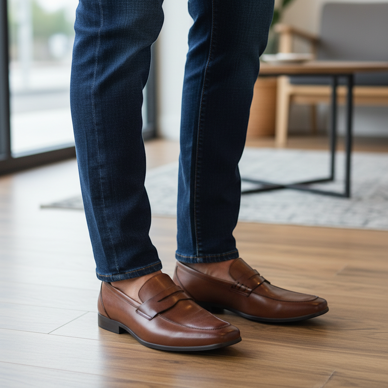 André Newington men's brown leather loafers with a smooth, slightly shiny finish and iconic strap detail.