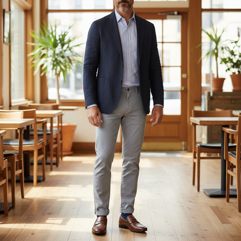 André Newington men's brown leather penny loafers with a sleek, pointed toe and low heel.
