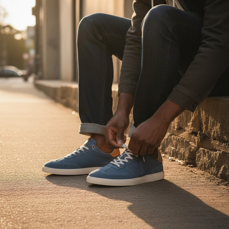 André Quadra Jean blue denim sneakers with camel leather accents and white laces. Classic style with modern comfort.