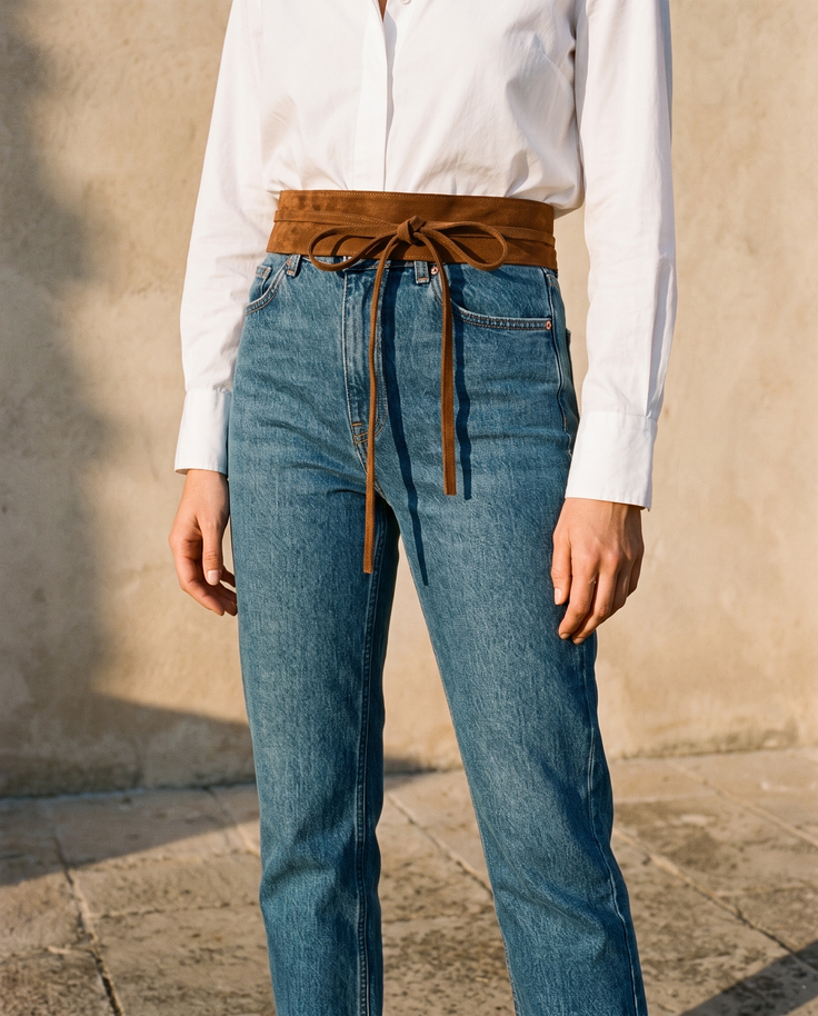 Ceinture SARAH camel à nœud portée sur un jean taille haute — A by André