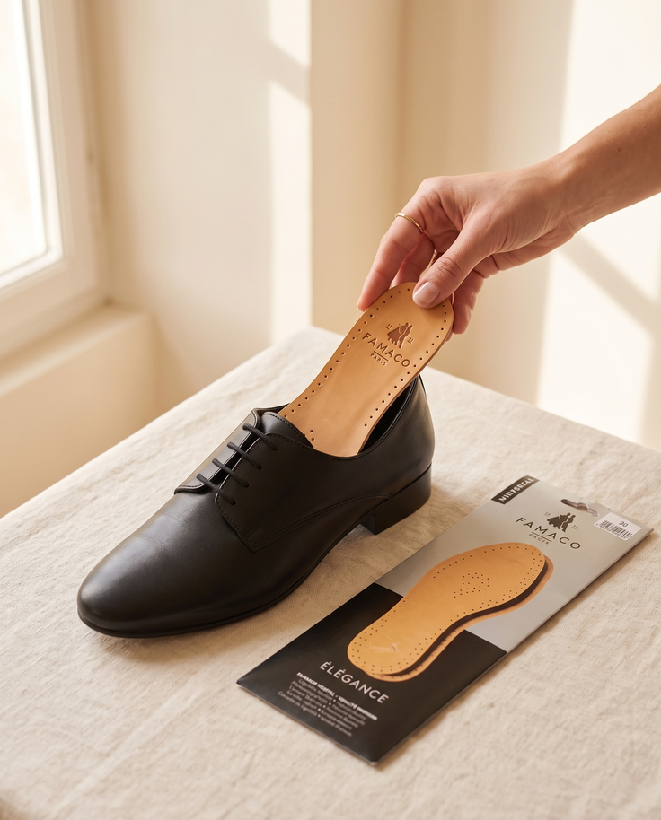 Semelle Élégance cuir et latex Famaco en utilisation sur une chaussure André