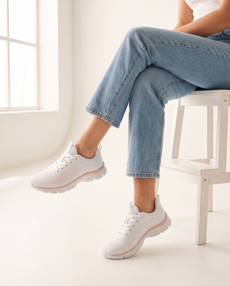 Basket SERAPIS blanche portée, gros plan, femme assise jambes croisées sur un tabouret blanc en studio