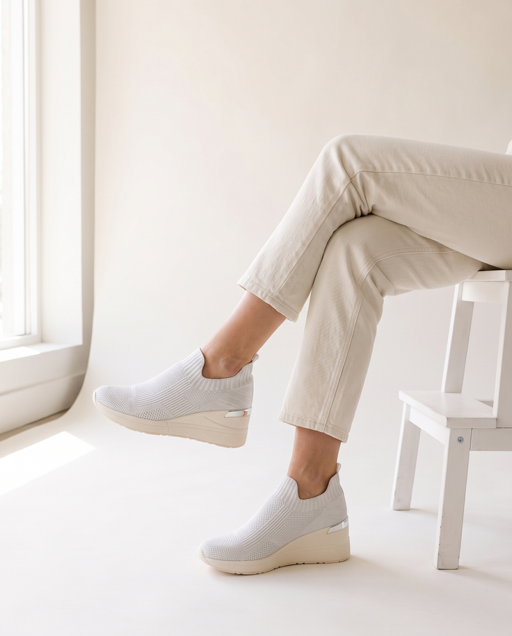 Basket SHAKI blanche portée, gros plan, femme assise jambes croisées sur un tabouret blanc en studio