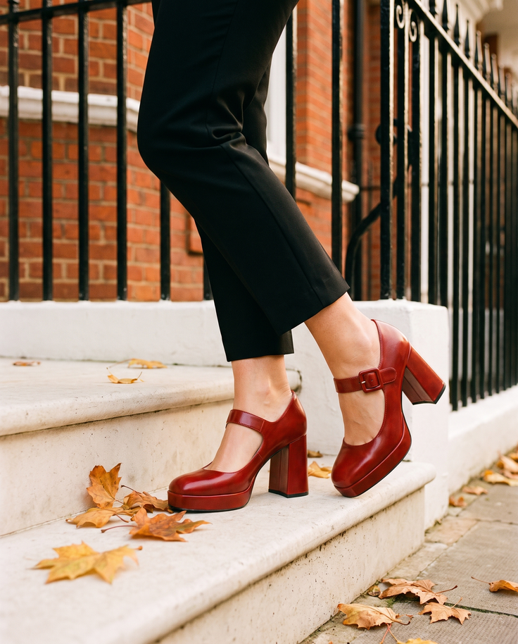 Escarpin SIRIELLE rouge porté, gros plan dans une rue londonienne en automne