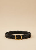 André black woven leather belt with silver buckle. Chic urban style, perfect for everyday wear.