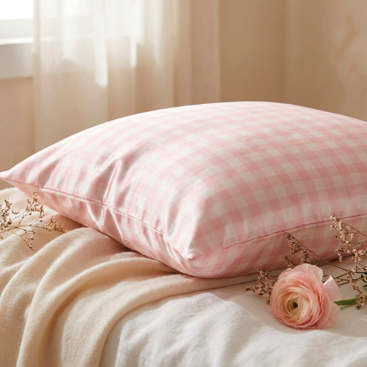 Taie d'oreiller en soie - Lunéia Rose vichy