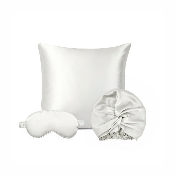 Taie d’oreiller + masque de nuit + bonnet de nuit en soie - Lunéia Blanc - PACK EN SOIE