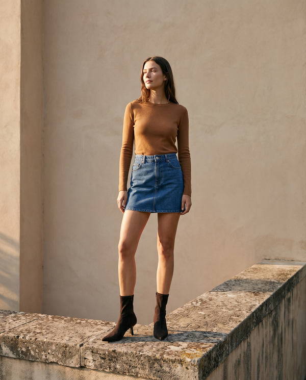 Boots VANINA marron portées avec une jupe en jean sur une terrasse en pierre — A by André