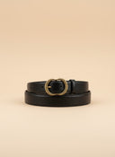 André black suede belt with ornate gold buckle. Simple, elegant, and versatile for everyday wear.