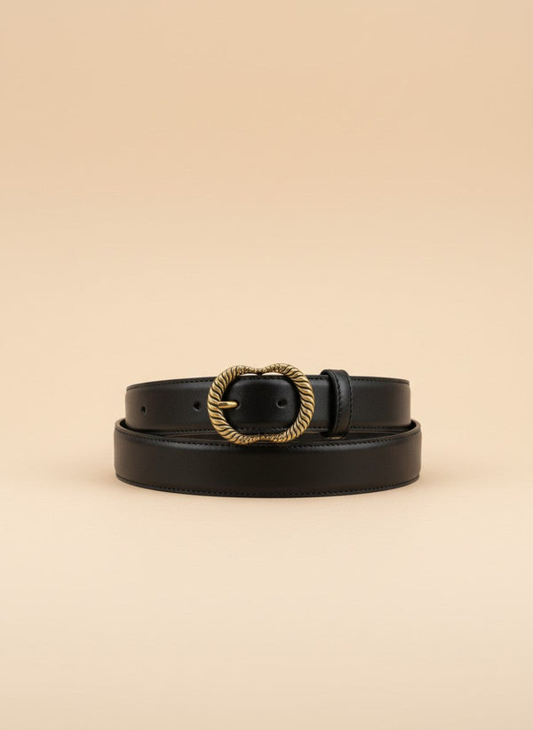 André black suede belt with ornate gold buckle. Simple, elegant, and versatile for everyday wear.