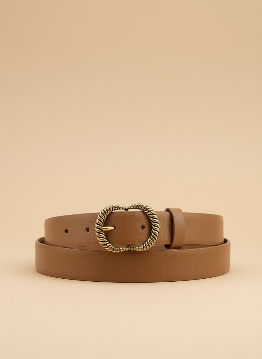 André Zestia taupe suede belt with ornate gold buckle. 100% genuine leather.